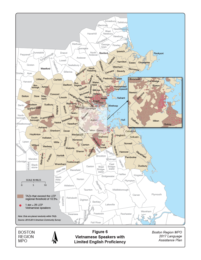Figure 6. Vietnamese Speakers with Limited English Proficiency
This map shows the distribution of Vietnamese speakers with limited English proficiency in the Boston Region MPO area.